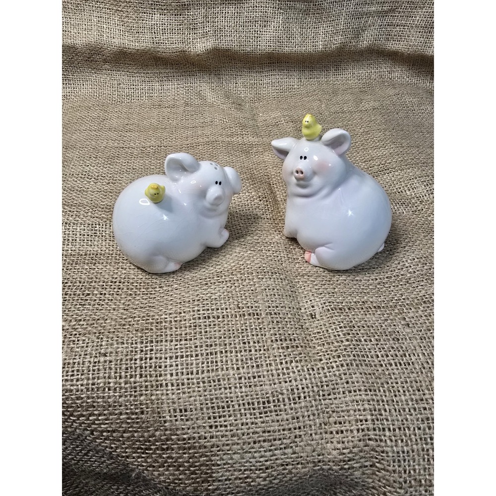 Vintage White Pig‎ with Yellow Bird Salt & Pepper Shakers